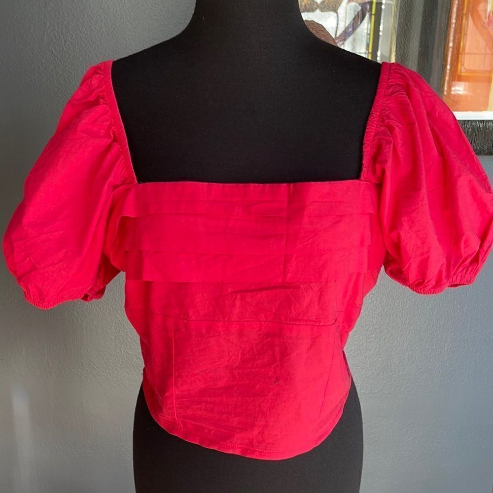 Sim & Sam raspberry poof sleeve pleated front smocked back square neck top. NWT